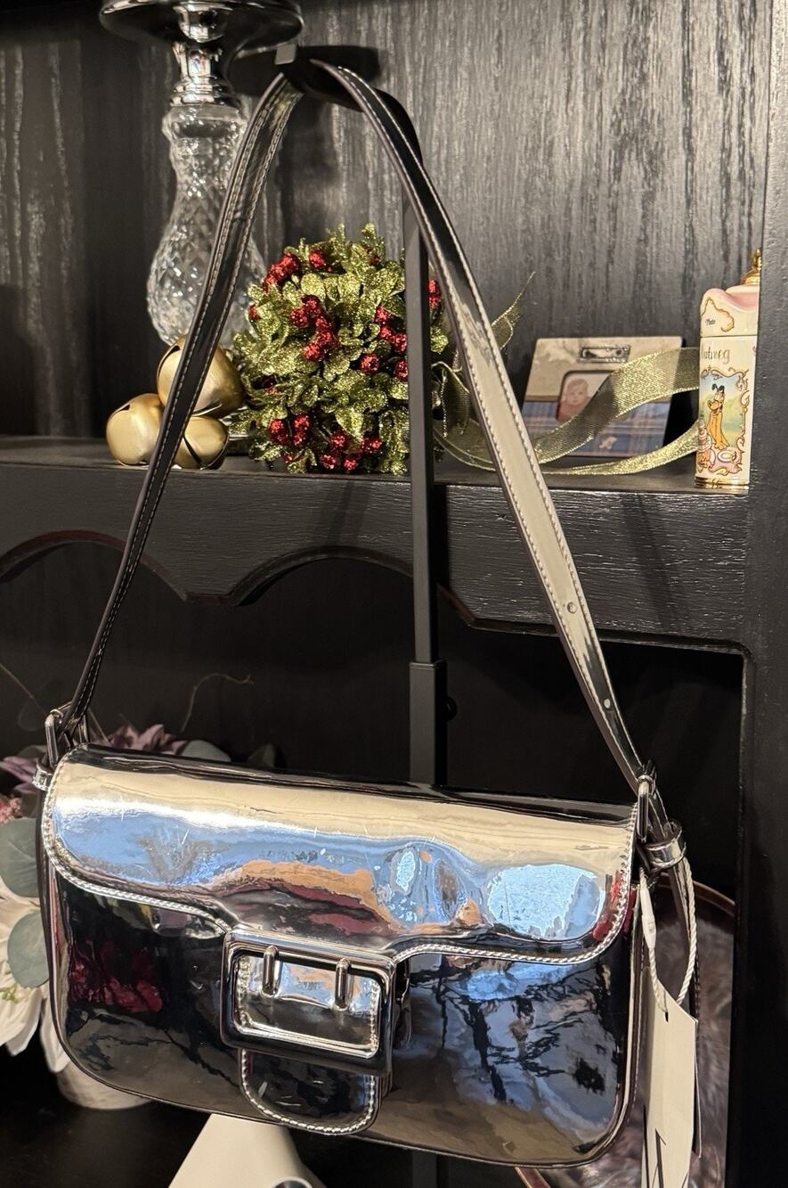 NWT Worthington Shiny Silver Flap Shoulder Bag